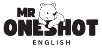 곰 캐릭터가 글자 'MR ONESHOT ENGLISH' 위에 기대고 있는 로고