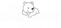 곰 캐릭터가 글자 'MR ONESHOT ENGLISH' 위에 기대고 있는 흑백 로고